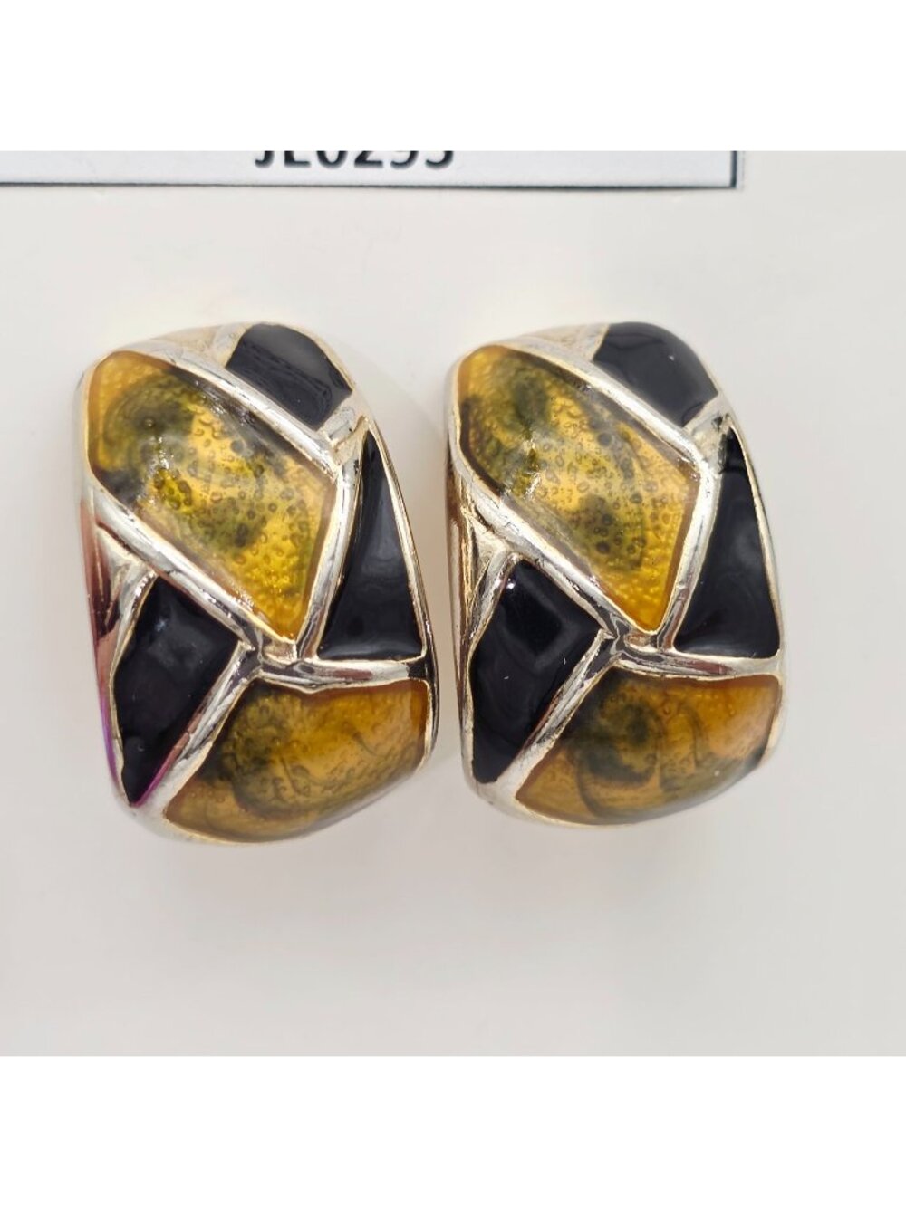 Gold-Tone Enamel Clip-On Earrings Black & Yellow Abstract Design Made In USA